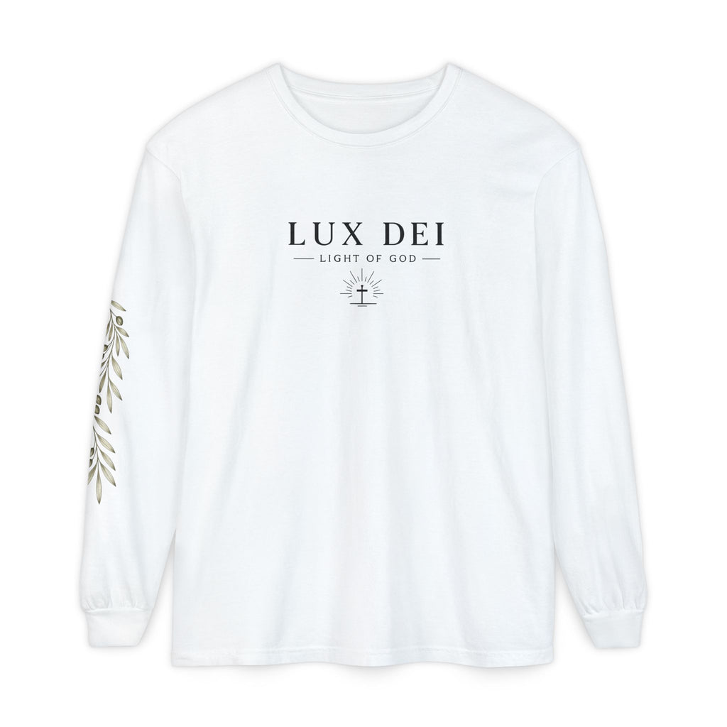 Lux Dei Long Sleeve Tee — "Light of God" Christian Shirt with Olive Branch Sleeve