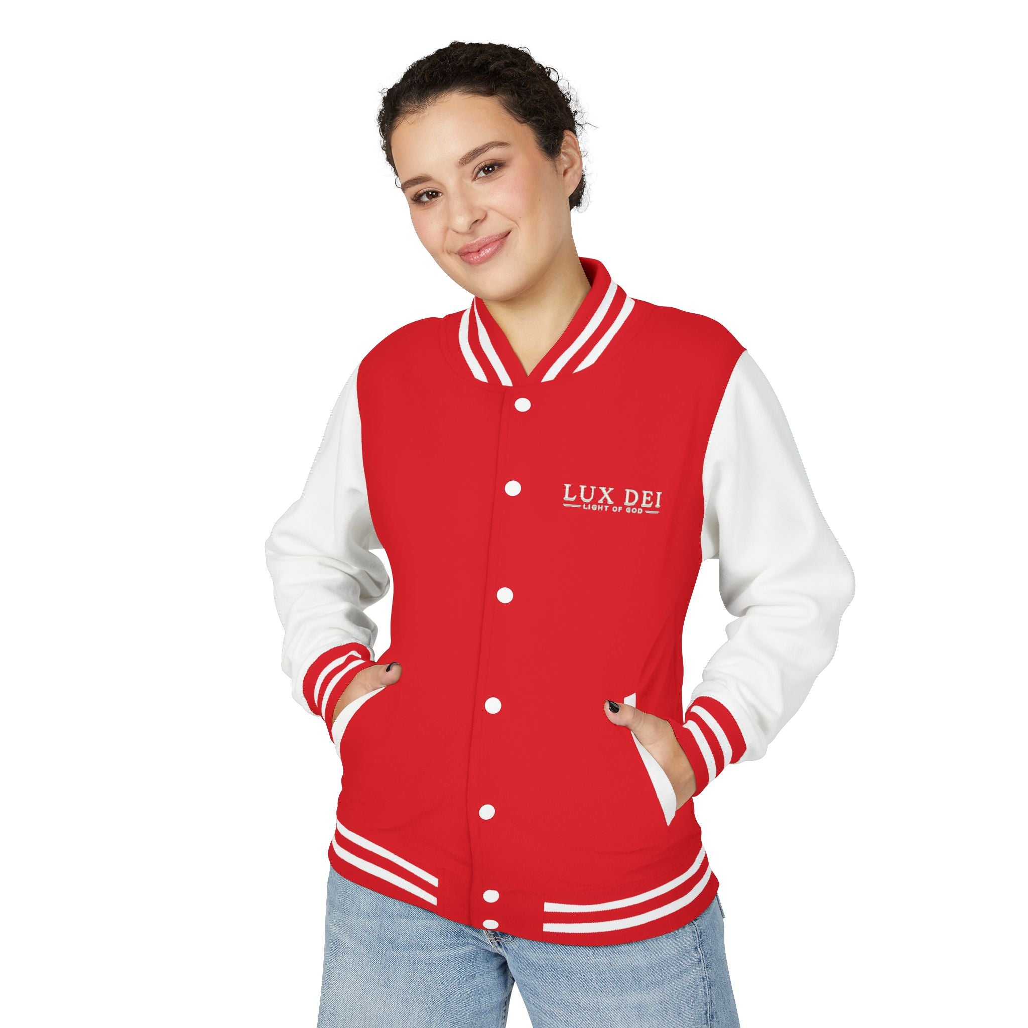 Lux Dei Letterman Jacket — 'Light of God' Red & White Varsity Jacket
