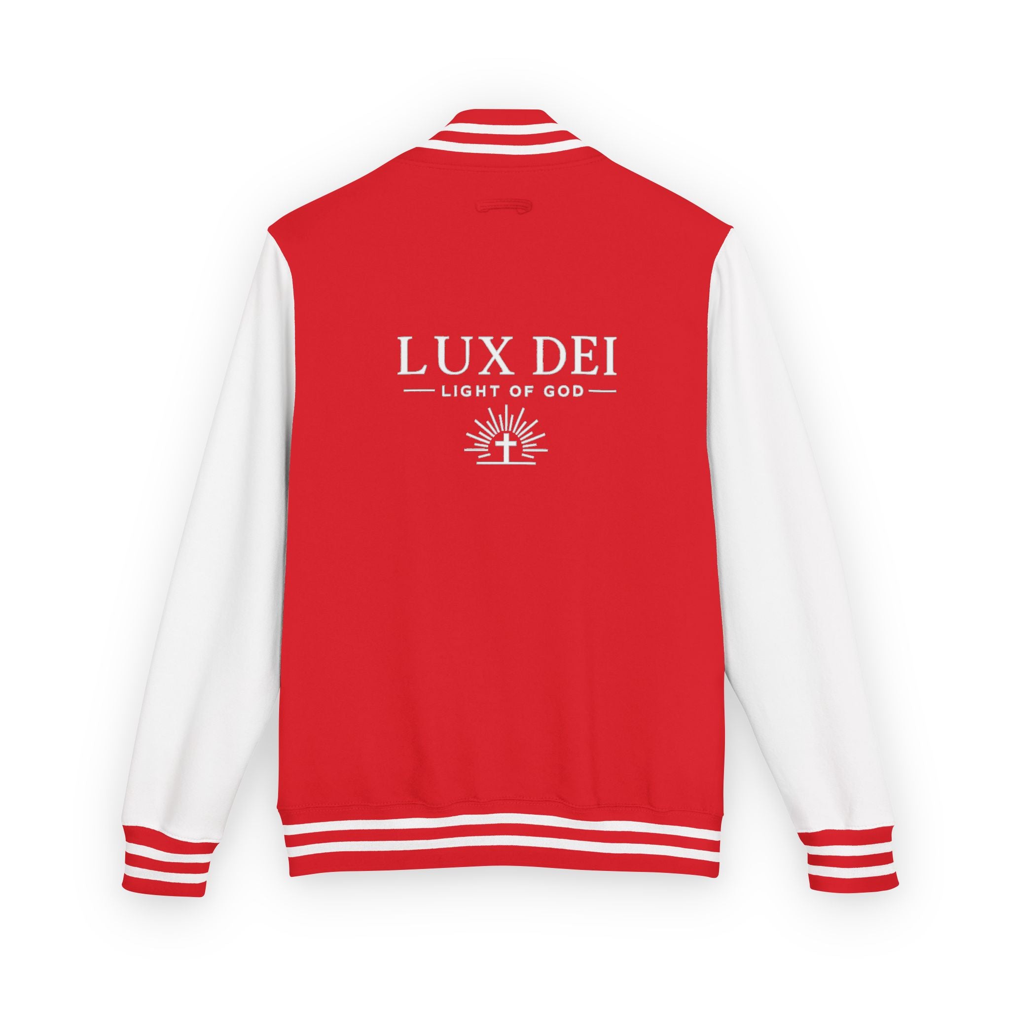 Lux Dei Letterman Jacket — 'Light of God' Red & White Varsity Jacket