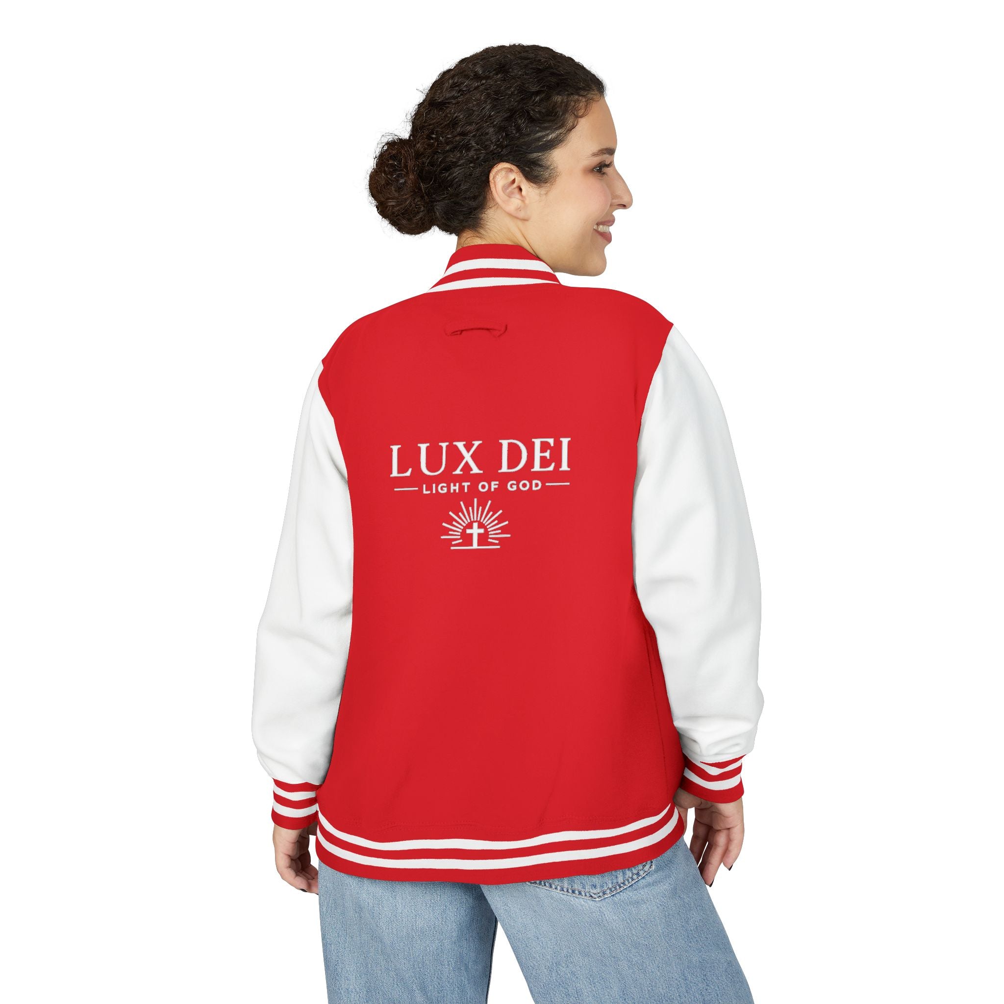 Lux Dei Letterman Jacket — 'Light of God' Red & White Varsity Jacket