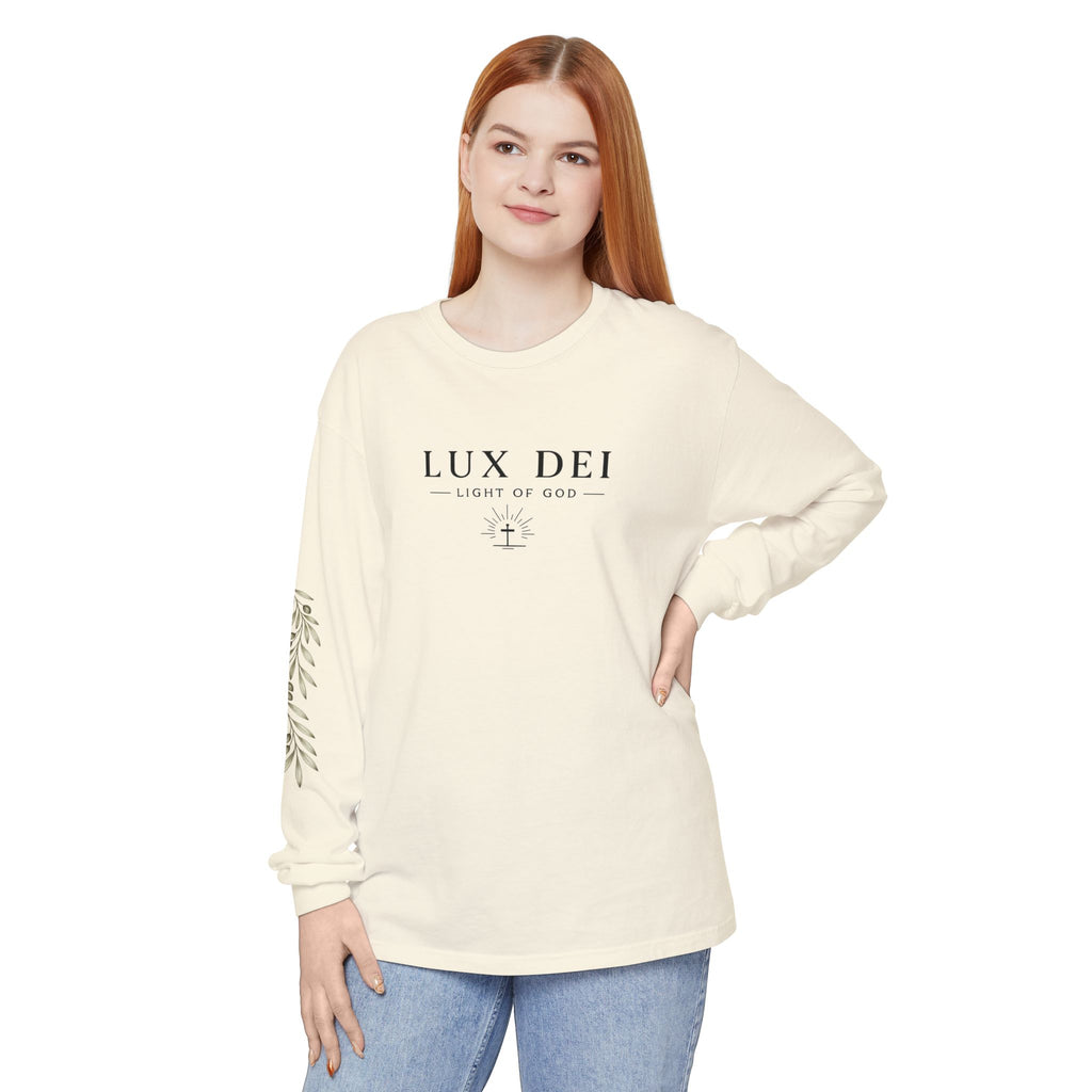 Lux Dei Olive Branch Long Sleeve Tee — "Light of God" Religious Graphic Shirt