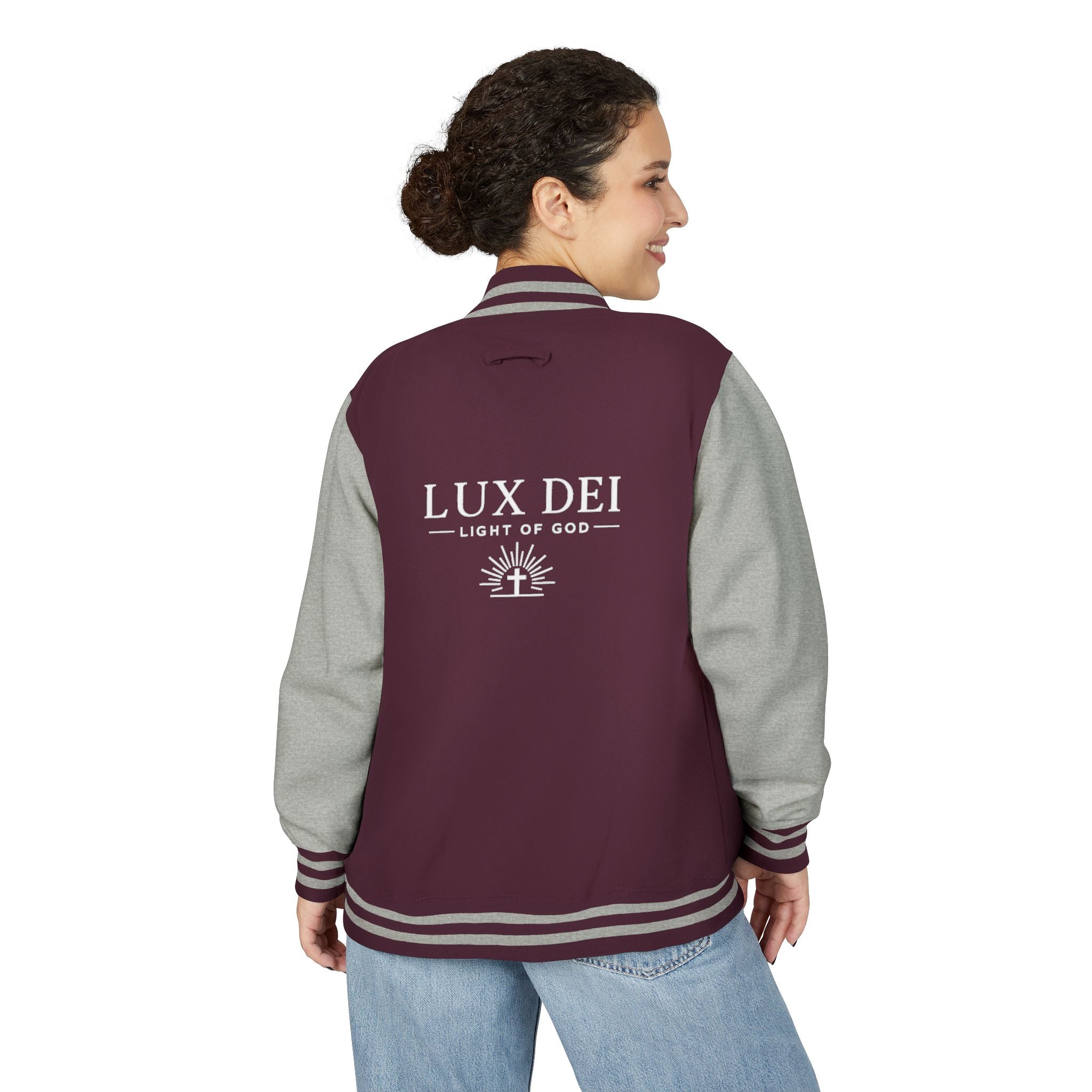 Lux Dei Letterman Jacket — 'Light of God' Red & White Varsity Jacket