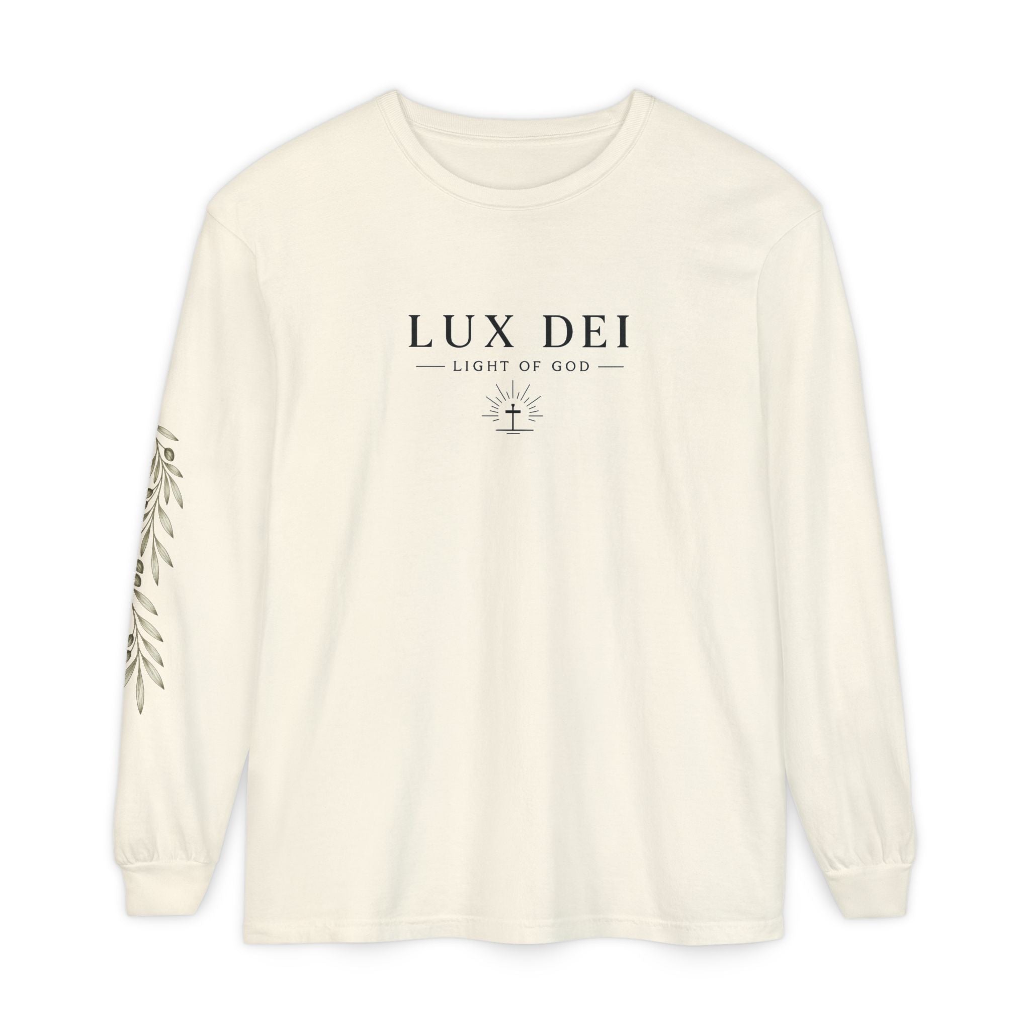 Lux Dei Olive Branch Long Sleeve Tee — "Light of God" Religious Graphic Shirt