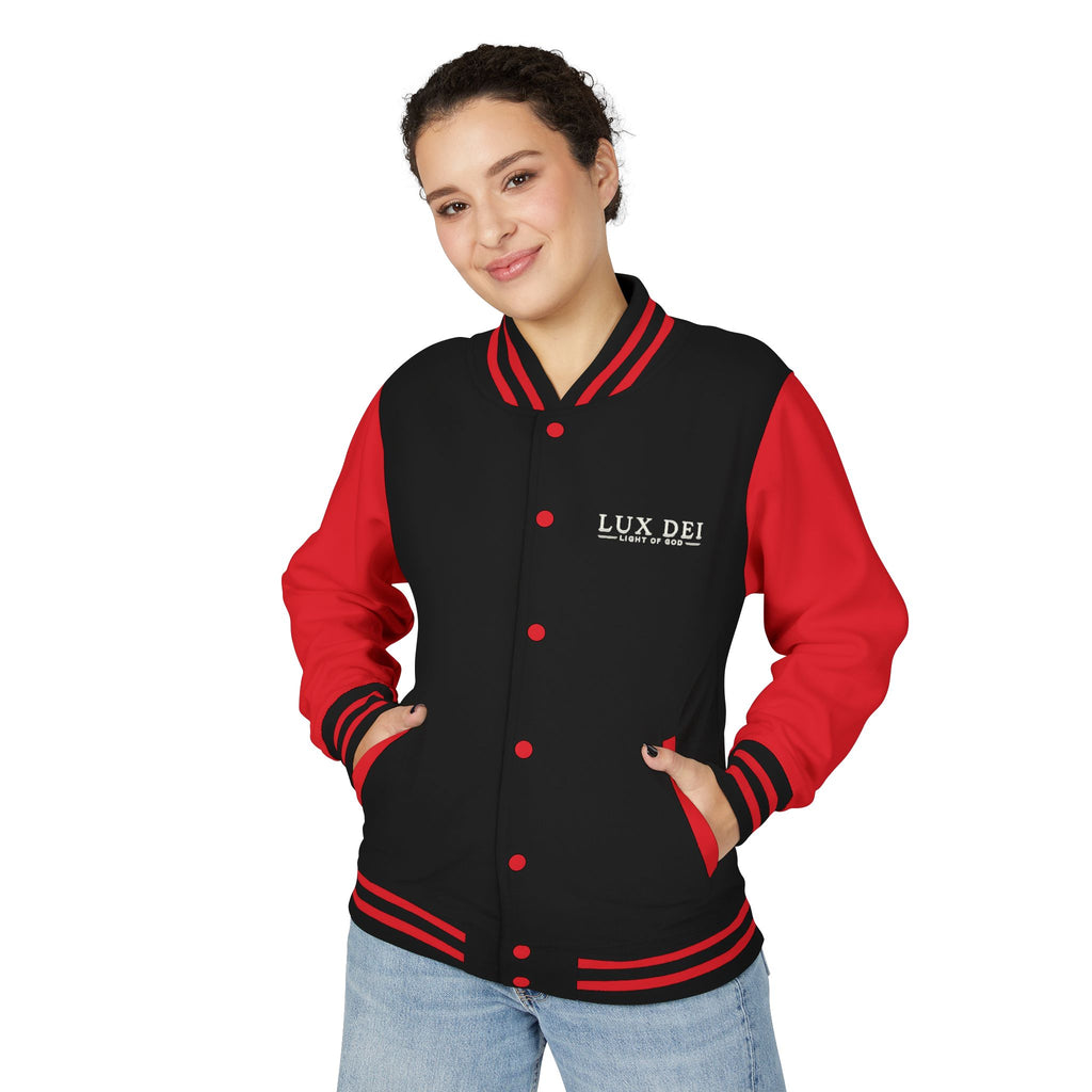 Lux Dei Letterman Jacket — 'Light of God' Red & White Varsity Jacket