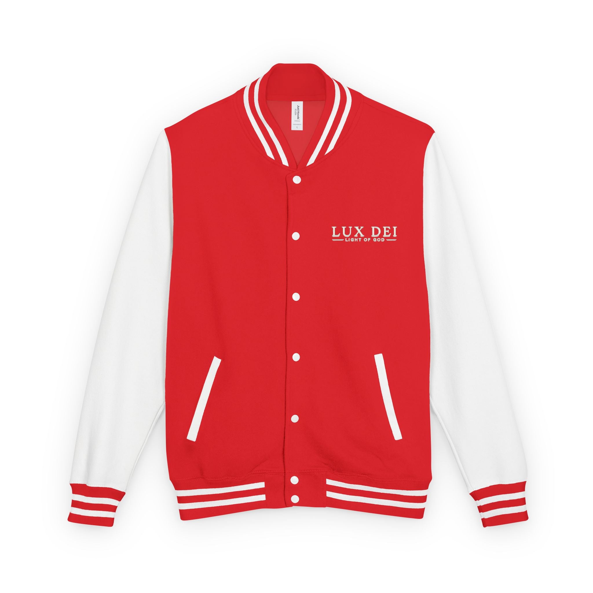 Lux Dei Letterman Jacket — 'Light of God' Red & White Varsity Jacket