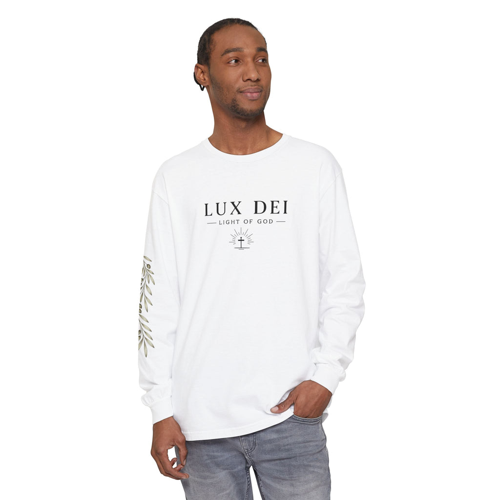 Lux Dei Long Sleeve Tee — "Light of God" Christian Shirt with Olive Branch Sleeve