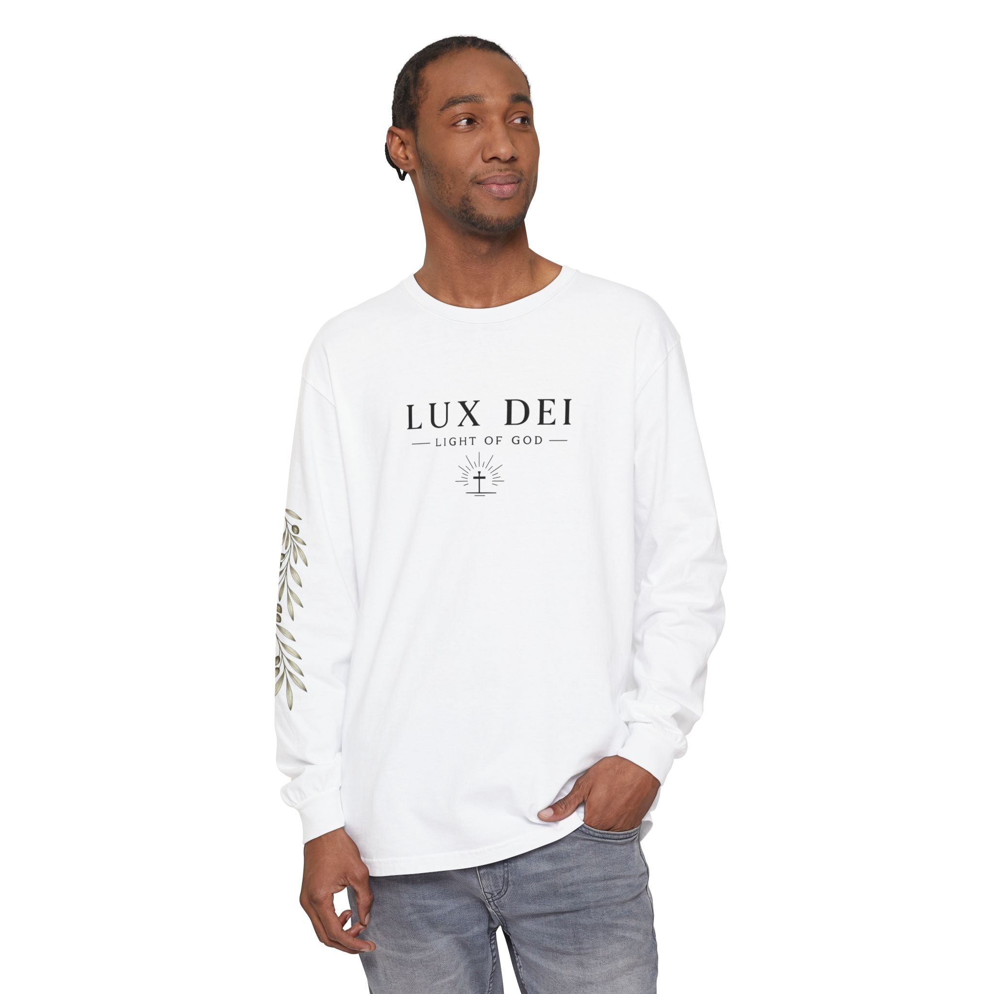 Lux Dei Long Sleeve Tee — "Light of God" Christian Shirt with Olive Branch Sleeve