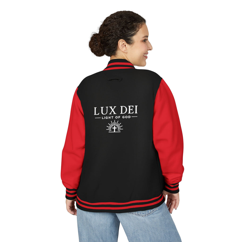 Lux Dei Letterman Jacket — 'Light of God' Red & White Varsity Jacket