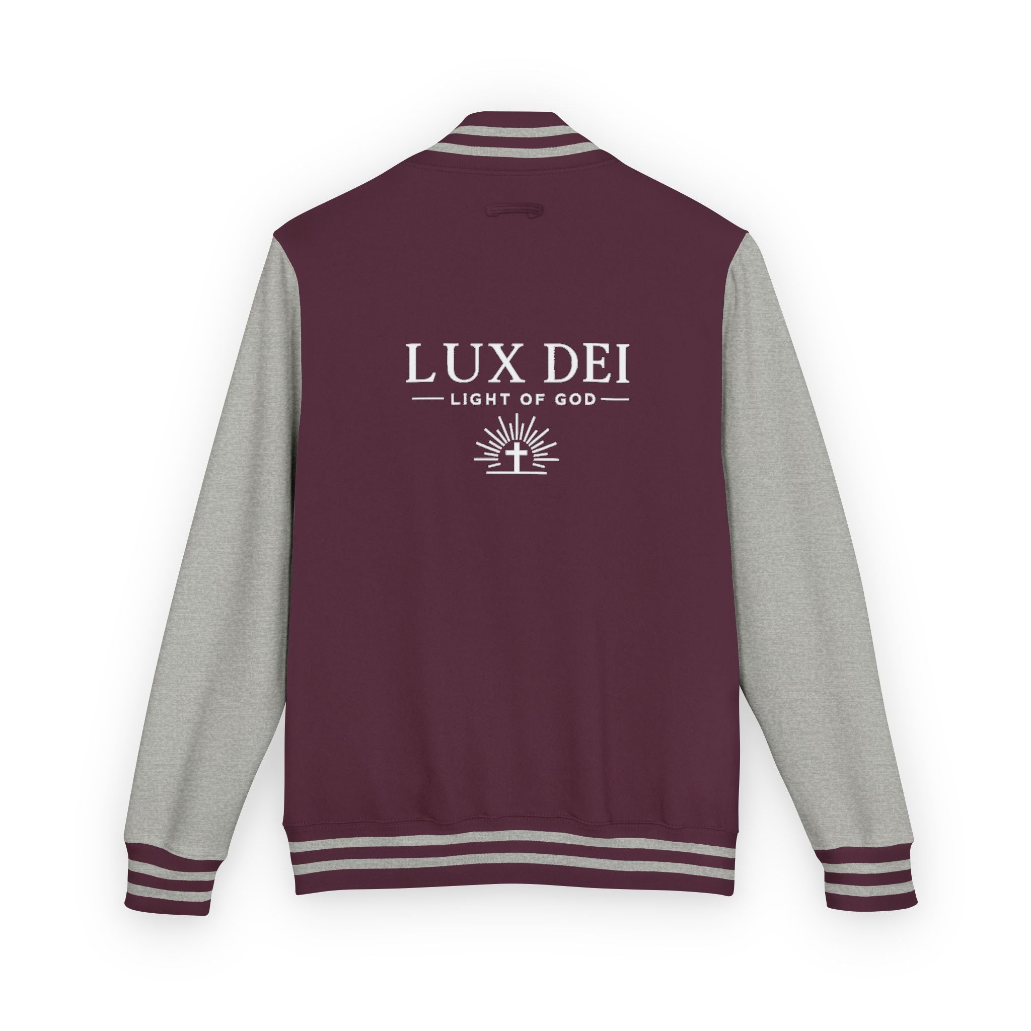 Lux Dei Letterman Jacket — 'Light of God' Red & White Varsity Jacket
